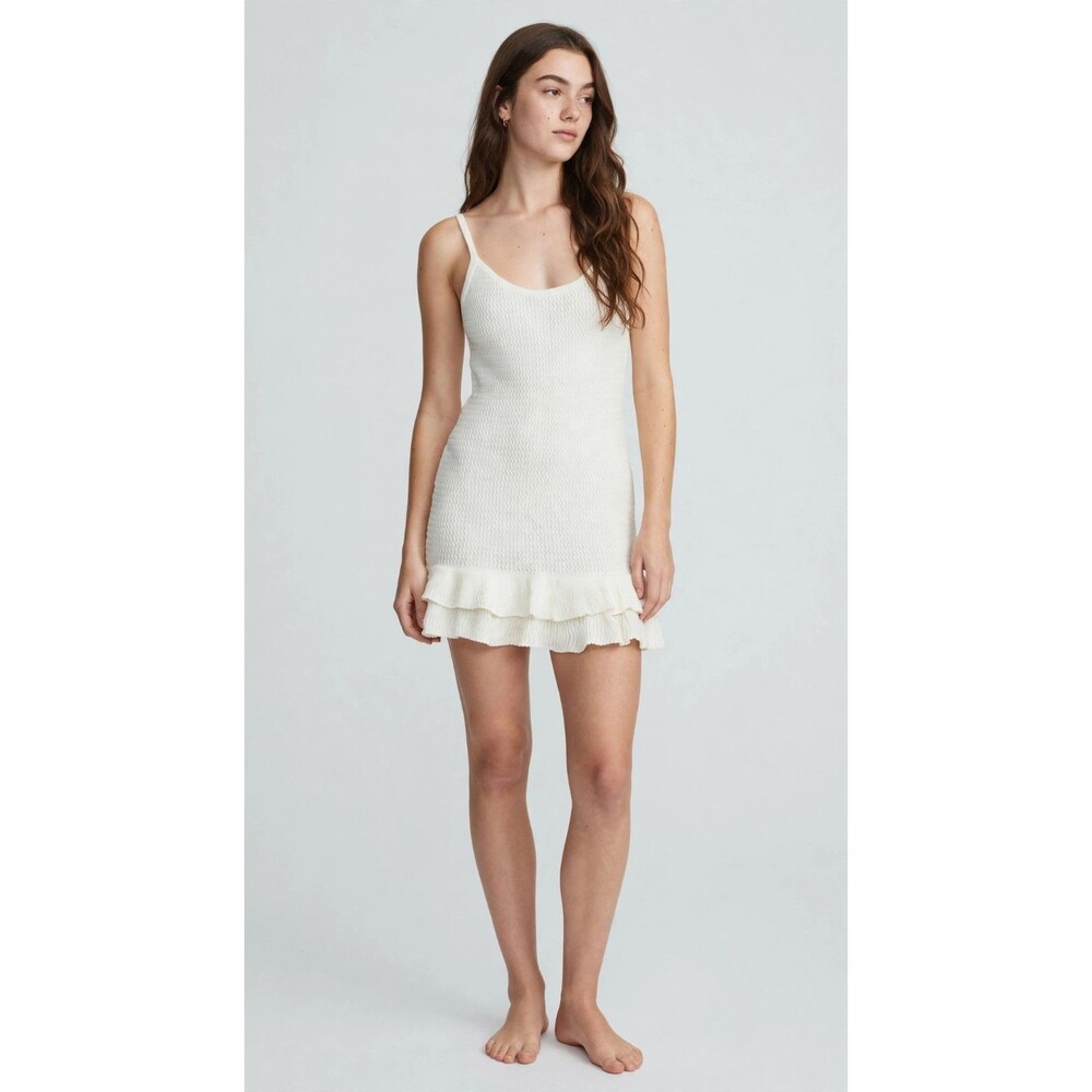 White Knit Mini Dress L Ruffle Hem Coquette Romantic Cottagecore Fairycore Cami